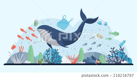 Ocean pollution vector illustration. The harmful effects ocean contamination extend to very heart marine life Rubbish and garbage floating in ocean are visible signs environmental degradation Ocean pollution vector illustration. The harmful effects ocean contamination extend to very heart marine life Rubbish and garbage floating in ocean are visible signs environmental degradation 118216787