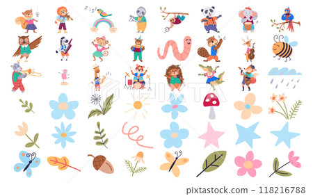 Whimsical collection of illustrated animal musicians paired with delightful nature elements, including colorful flowers, leaves, and whimsical weather icons Whimsical collection of illustrated animal musicians paired with delightful nature elements, including colorful flowers, leaves, and whimsical weather icons 118216788