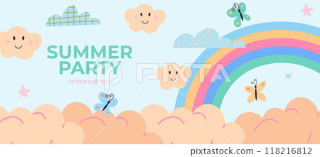 Vibrant banner features a summer party theme with smiling clouds, a colorful rainbow, playful butterflies, and whimsical stars set against a soft blue sky background Vibrant banner features a summer party theme with smiling clouds, a colorful rainbow, playful butterflies, and whimsical stars set against a soft blue sky background 118216812