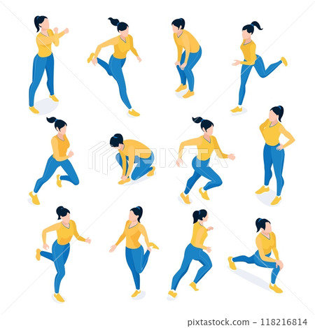Isometric female runner, different poses, running girl, icons of a healthy lifestyle, the girl is engaged in fitness, jogging. Vector illustration Isometric female runner, different poses, running girl, icons of a healthy lifestyle, the girl is engaged in fitness, jogging. Vector illustration 118216814