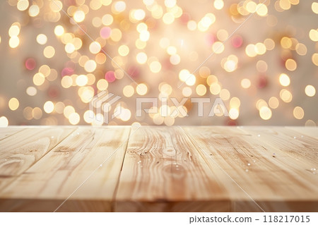 Christmas light countertop. Empty wood table top counter with abstract warm Xmas light blur background with festive golden bokeh. Holiday backdrop, mock up banner display. Advertise, montage product Christmas light countertop. Empty wood table top counter with abstract warm Xmas light blur background with festive golden bokeh. Holiday backdrop, mock up banner display. Advertise, montage product 118217015