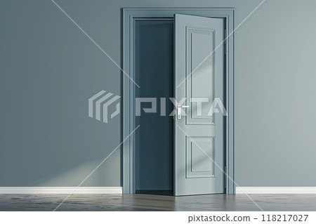 Doors for modern interior. Closed wooden door, metallic handle in the empty room. Copy space. Panel door, gray wall, white baseboard and wood floor. Element of apartment design. Swing interior door. 118217027