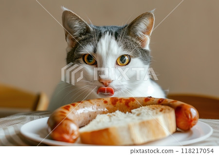 Cat wants to eat human food from the kitchen table. Hungry cat licking with tongue. Care for pets. Funny cat. Feline asks for food. The pet wants to steal the sausage from the plate. Appetite, feeding 118217054