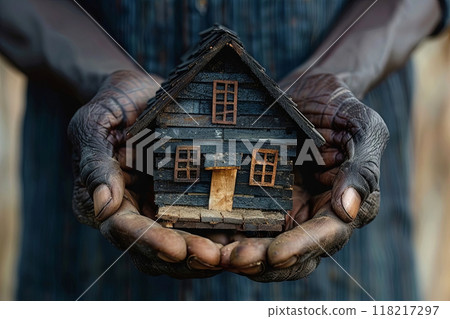 Beautiful depiction of weathered hands holding a rustic miniature house 118217297