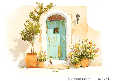 Charming watercolor scene of a turquoise door 118217319