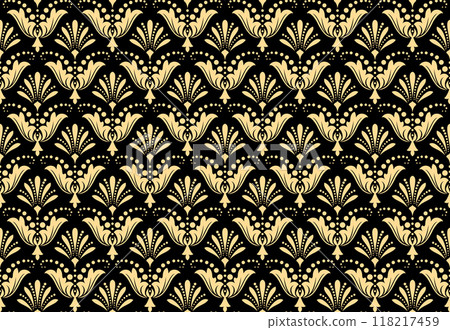 Wallpaper in the style of Baroque. Seamless vector background. Golden and black floral ornament. Graphic pattern for fabric, wallpaper, packaging. Ornate Damask flower ornament Wallpaper in the style of Baroque. Seamless vector background. Golden and black floral ornament. Graphic pattern for fabric, wallpaper, packaging. Ornate Damask flower ornament 118217459
