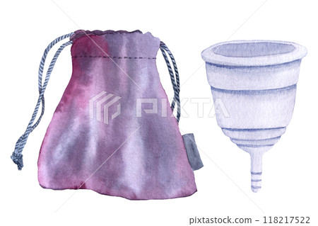 A menstrual cup and a fabric storage pouch watercolor set isolated on white. Great for eco-friendly menstrual care design, ads, packaging, blogs about sustainable lifestyle of modern women 118217522