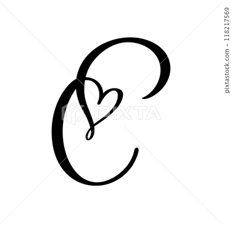 Script capital font logo calligraphy love letter C initial. Hand drawn vector brush style flourish. Vintage heart monogram. Valentine flourish element. Sign for page decoration design illustration 118217569