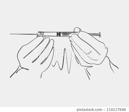 Minimalist Line Art of Hands Holding Syringe Minimalist Line Art of Hands Holding Syringe 118217686