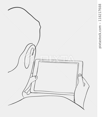 Minimalist line drawing of person holding tablet Minimalist line drawing of person holding tablet 118217688