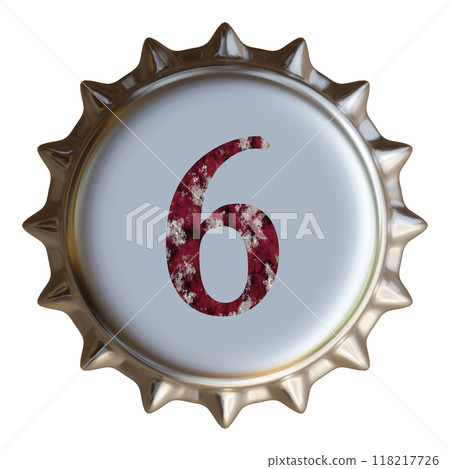 銀色金屬瓶蓋上寫著數字 6。啤酒瓶蓋。 118217726