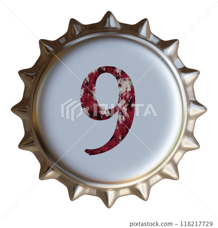 銀色金屬瓶蓋上寫著數字 9。啤酒瓶蓋。 118217729