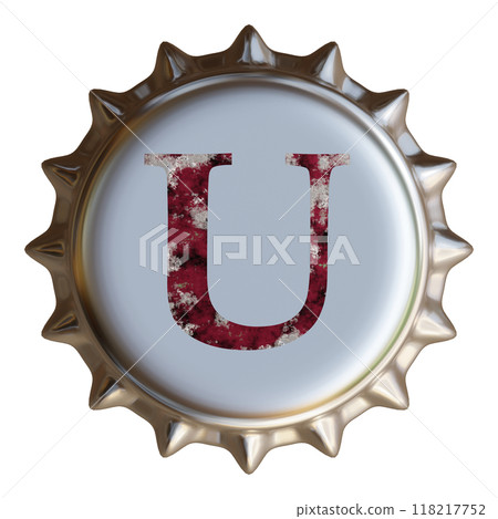 The alphabet U written on a silver metal bottle cap. Bottle cap of a beer bottle. The alphabet U written on a silver metal bottle cap. Bottle cap of a beer bottle. 118217752