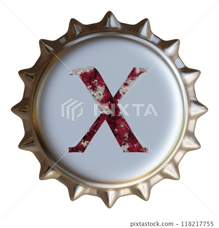 銀色金屬瓶蓋上寫有字母 X。啤酒瓶蓋。 銀色金屬瓶蓋上寫有字母 X。啤酒瓶蓋。 118217755