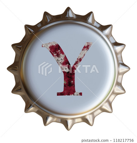 銀色金屬瓶蓋上寫著字母 Y。啤酒瓶蓋。 銀色金屬瓶蓋上寫著字母 Y。啤酒瓶蓋。 118217756
