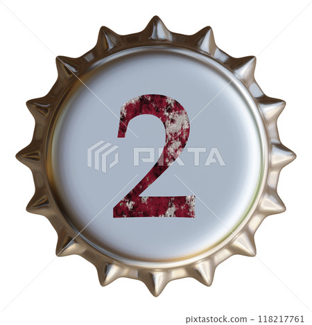 銀色金屬瓶蓋上寫著數字 2。啤酒瓶蓋。 銀色金屬瓶蓋上寫著數字 2。啤酒瓶蓋。 118217761