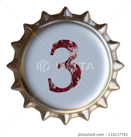 銀色金屬瓶蓋上寫著數字 3。啤酒瓶蓋。 銀色金屬瓶蓋上寫著數字 3。啤酒瓶蓋。 118217762