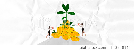 Woman watering abstract plant with stack of golden coins, symbolizing investment opportunities, with strategic planning and effort. Contemporary art collage. 118218141