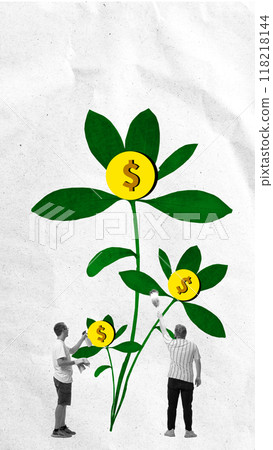 Two men taking care after growing plant with golden coins and with dollar sign, symbolizing right attention, time and effort. Contemporary art collage. Two men taking care after growing plant with golden coins and with dollar sign, symbolizing right attention, time and effort. Contemporary art collage. 118218144