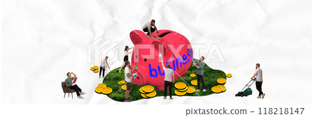 Group of people around large piggy bank in field of coins, reflecting common effort required to sustain healthy and profitable business venture. Contemporary art collage. 118218147