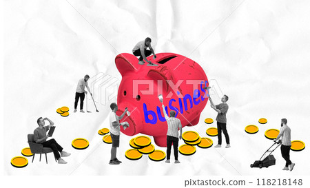 Team of workers polishing giant piggy bank labeled business, representing idea of collective effort, business growth and profitability. Contemporary art collage. 118218148