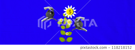 Two hands watering growing plant with dollar coin flowers, symbolizing teamwork and collaboration in financial growth. Contemporary art collage. 118218152