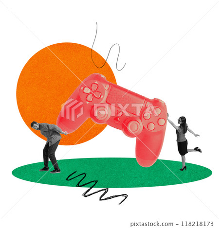 Gaming at Work. Man and woman, colleagues interacting with large game controller. Balancing work and play. Contemporary art collage. 118218173