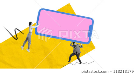 Man and woman holding giant mobile phone with blank pink screen symbolizing online communication. Contemporary art collage. 118218179