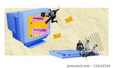 Businessman jumps into vintage monitor with online text messages icons, while group of employees sitting on keywords. Promotion. Contemporary art collage. 118218180