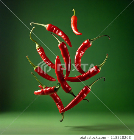Red hot chili peppers floating on green background Red hot chili peppers floating on green background 118218268