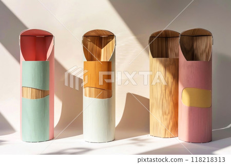 This minimalist photo showcases four cylindrical containers with pastel hues 118218313