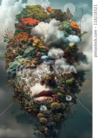 A surrealistic blend of nature and human features, showcasing a botanical fantasy 118218321
