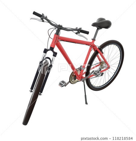 Red bicycle standing on kickstand, front side view isolated on white background, 3D illustration 118218584