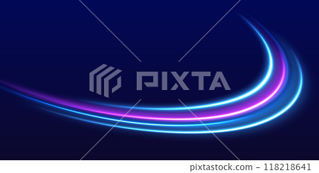 Speed police line. Laser beams, horizontal light rays. Magic shining neon light line trails. Purple glowing wave swirl, impulse cable lines. High speed effect motion blur night lights 118218641