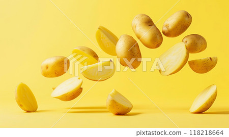 Bright and playful photo of floating potato halves against a yellow background 118218664