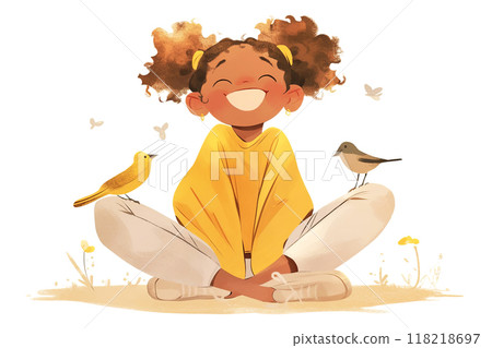 Smiling girl with curly hair, sitting cross-legged, surrounded by birds and butterflies 118218697