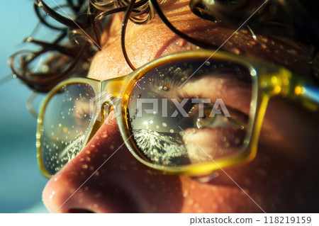 Mesmerizing close-up of reflective sunglasses capturing scenic mountains Mesmerizing close-up of reflective sunglasses capturing scenic mountains 118219159