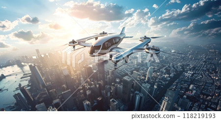 Experience the future of urban mobility with this sleek and modern flying car 118219193