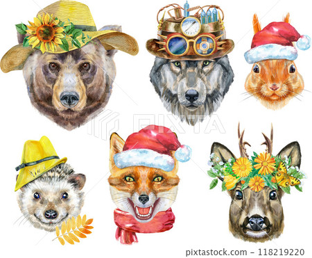Portraits of wild animals of Eurasia. Bear, wolf, fox, roe deer, hedgehog and red squirrel 118219220