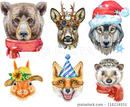 Portraits of wild animals of Eurasia. Bear, wolf, fox, roe deer, hedgehog and red squirrel 118219352