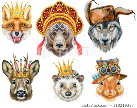 Portraits of wild animals of Eurasia. Bear, wolf, fox, roe deer, hedgehog and red squirrel 118219355