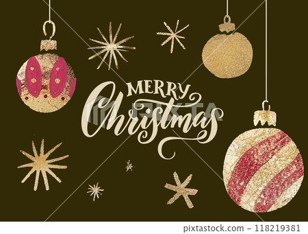 Merry Christmas golden glitter greeting card design, shiny red and gold balls decorations and sparks 118219381