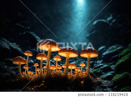 A cluster of mushrooms illuminated by light, growing inside of the dark deep cave. Specific microclimate, creating a magical and enchanting scene. Psychedelic trip into magical world of mother nature 118219428