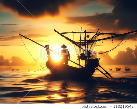 Silhouette of a fisherman riding a boat in the middle of the ocean at sunset Silhouette of a fisherman riding a boat in the middle of the ocean at sunset 118219542