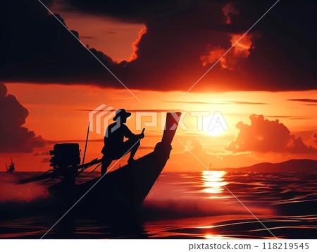 Silhouette of a fisherman riding a boat in the middle of the ocean at sunset Silhouette of a fisherman riding a boat in the middle of the ocean at sunset 118219545