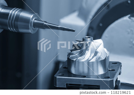 The 5-axis CNC milling machine  cutting the turbocharger part with solid taper ball end mill tool. 118219621