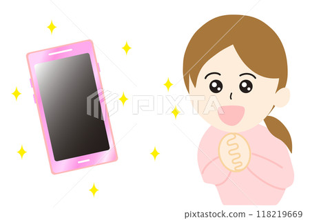 一位女士期待發布一款眼睛閃閃發光的新智慧型手機的插圖 118219669