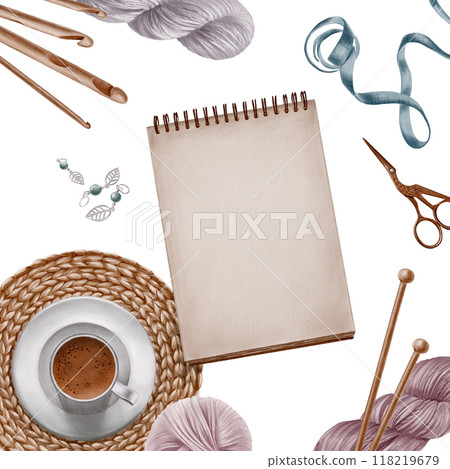 Template for text. Notebook with empty space for writing on white background with knitting accessories:skeins of yarn,wooden needles and hooks,tape measure,cup of coffee,crane scissors,metal markers Template for text. Notebook with empty space for writing on white background with knitting accessories:skeins of yarn,wooden needles and hooks,tape measure,cup of coffee,crane scissors,metal markers 118219679