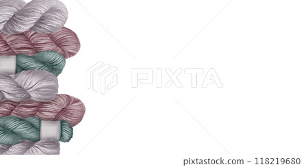 Skeins of yarn in the form of a one-side composition with a space for text. Isolated on white background. Hand drawn hobby clip art for home decor, shop label. Hand made, craft. 118219680