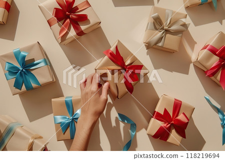 Person holding one of many gift boxes on beige neutral background. Female hand take wrapped gift box with bow. Choosing of present. Womens day. Christmas, new year, birthday, 8 march concept. Surprise 118219694